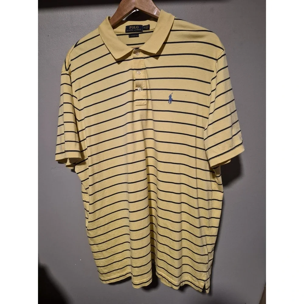 Ralph Lauren Striped Polo Shirt Mens XL Classic Yellow‎ Blue Lightweight Golf